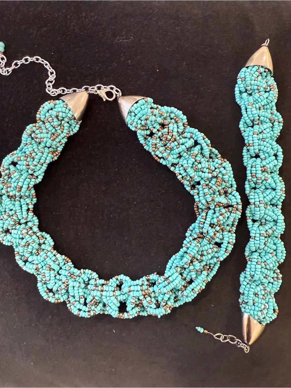 Beautiful SetTurquoise Beaded Braided Necklace and Bracelet Set